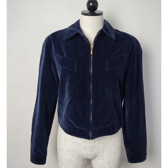 Carlisle Vintage 80's Dark Blue Velvet Cropped Jacket Zip Front Size 8 - Picture 3 of 12